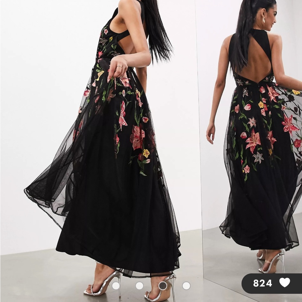 ASOS EDITON mesh halter sleeveless maxi dress with floral embroidery in black.